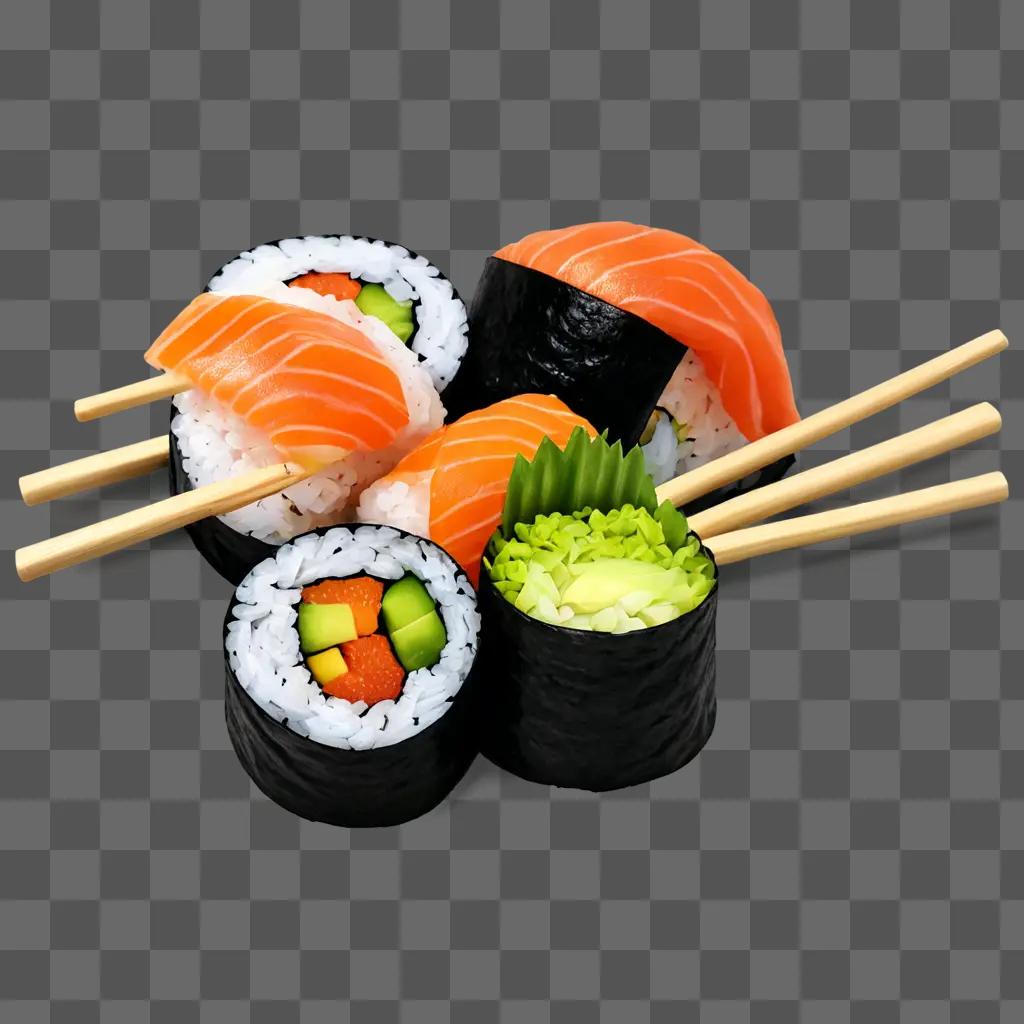 sushi drawing with colour A sushi feast with various fillings and chopsticks