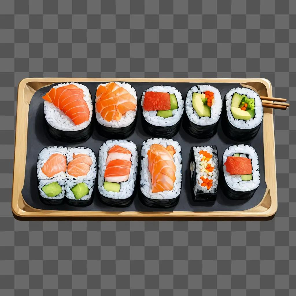 sushi drawing with colour A tray holds a variety of sushi rolls and vegetables