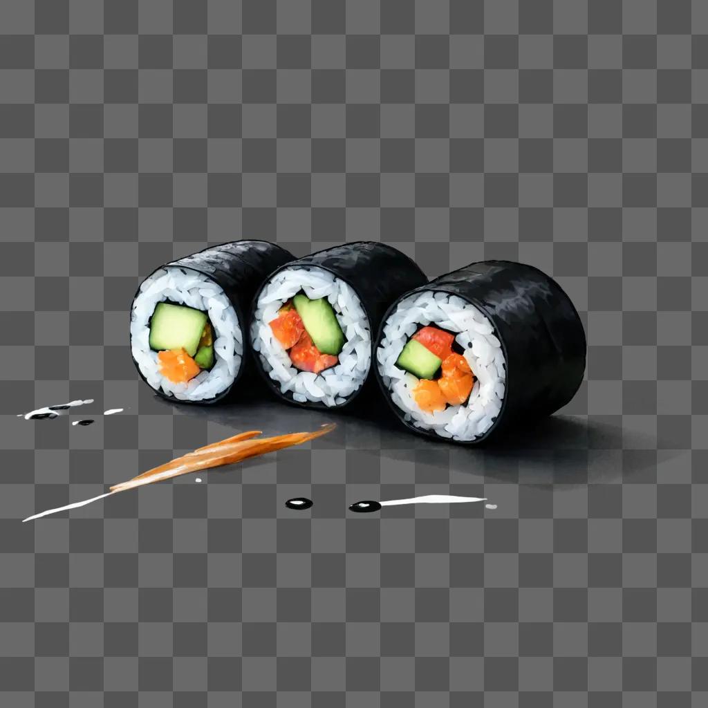 sushi drawing with colour A trio of sushi rolls on a gray table