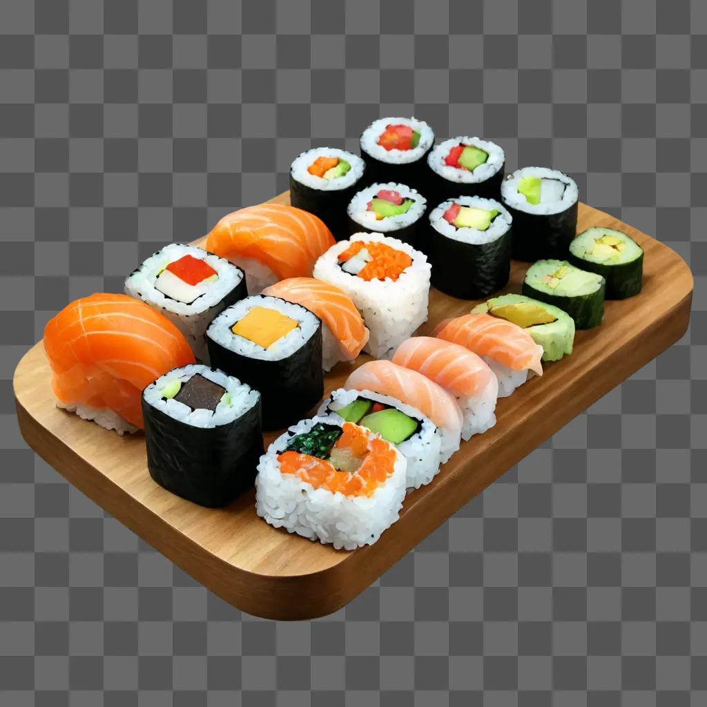 sushi drawing with colour A variety of sushi and sashimi on a wooden tray