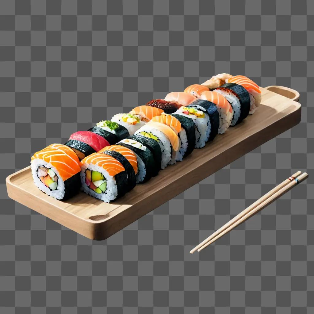 sushi drawing with colour A wooden tray with sushi and chopsticks