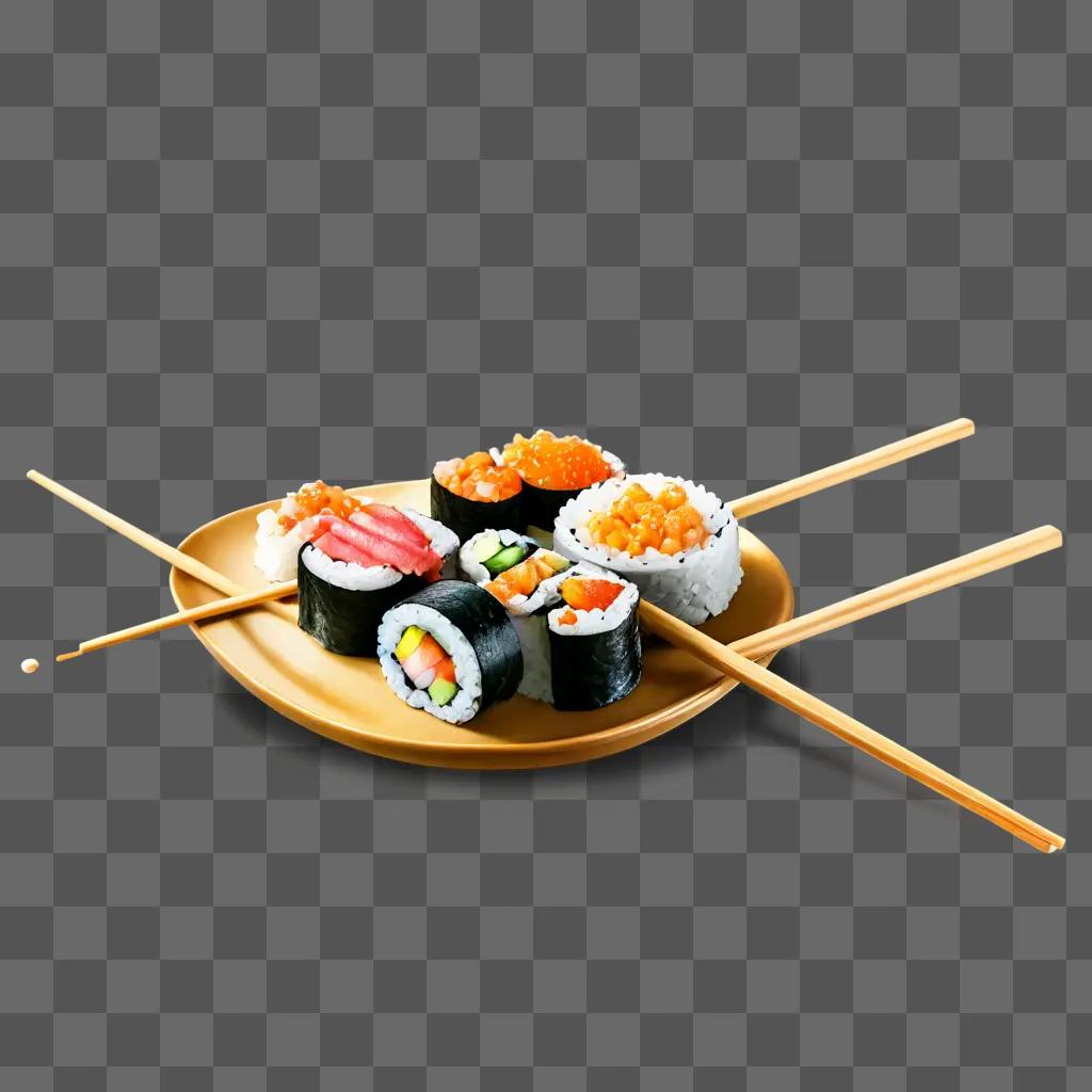 sushi drawing with colour Sushi and chopsticks on a plate with glowing highlights