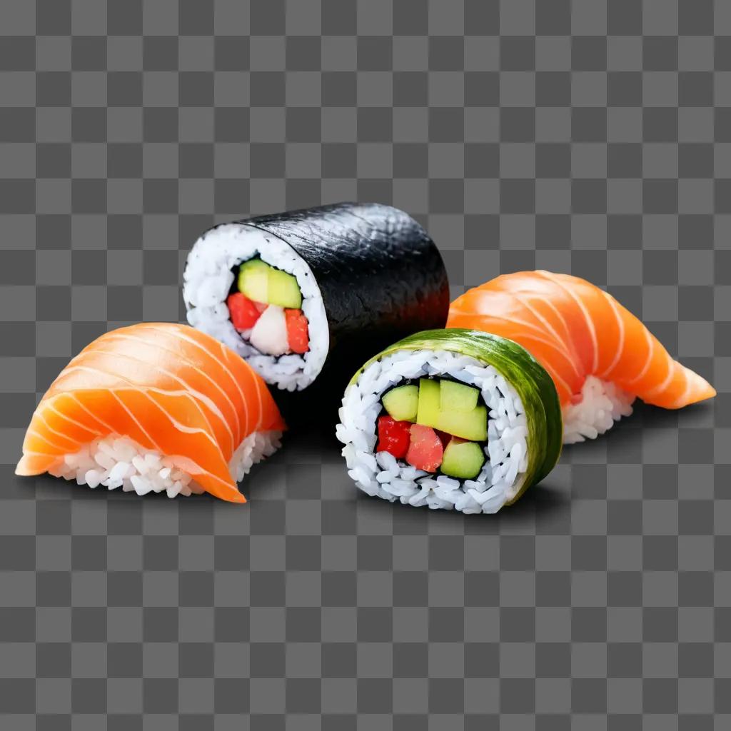 sushi drawing with colour Sushi rolls and fish arranged on a brown background