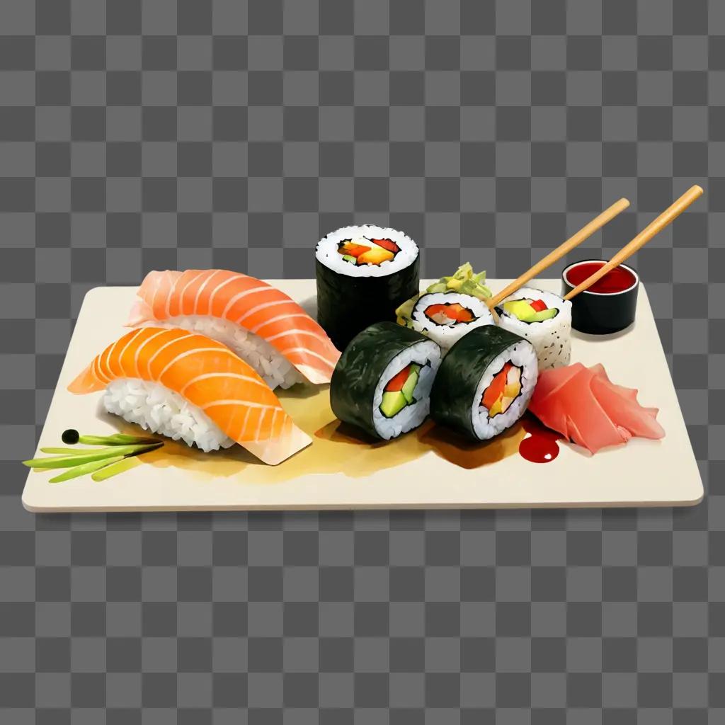 sushi drawing with colour Sushi with fish and vegetables on a plate with chopsticks