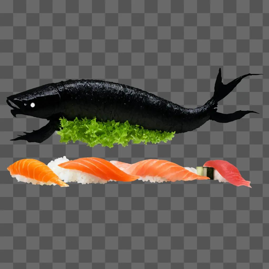 sushi silhouette Black fish with green lettuce and sushi on brown background