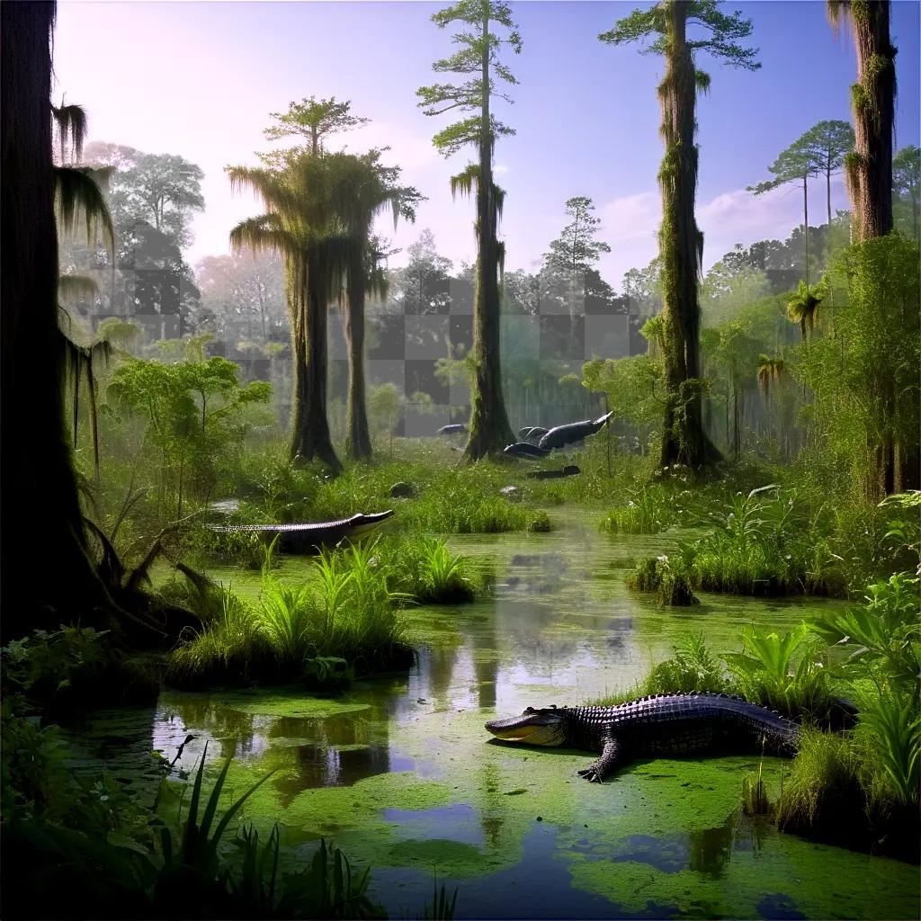 swamp filled with green plants and animals