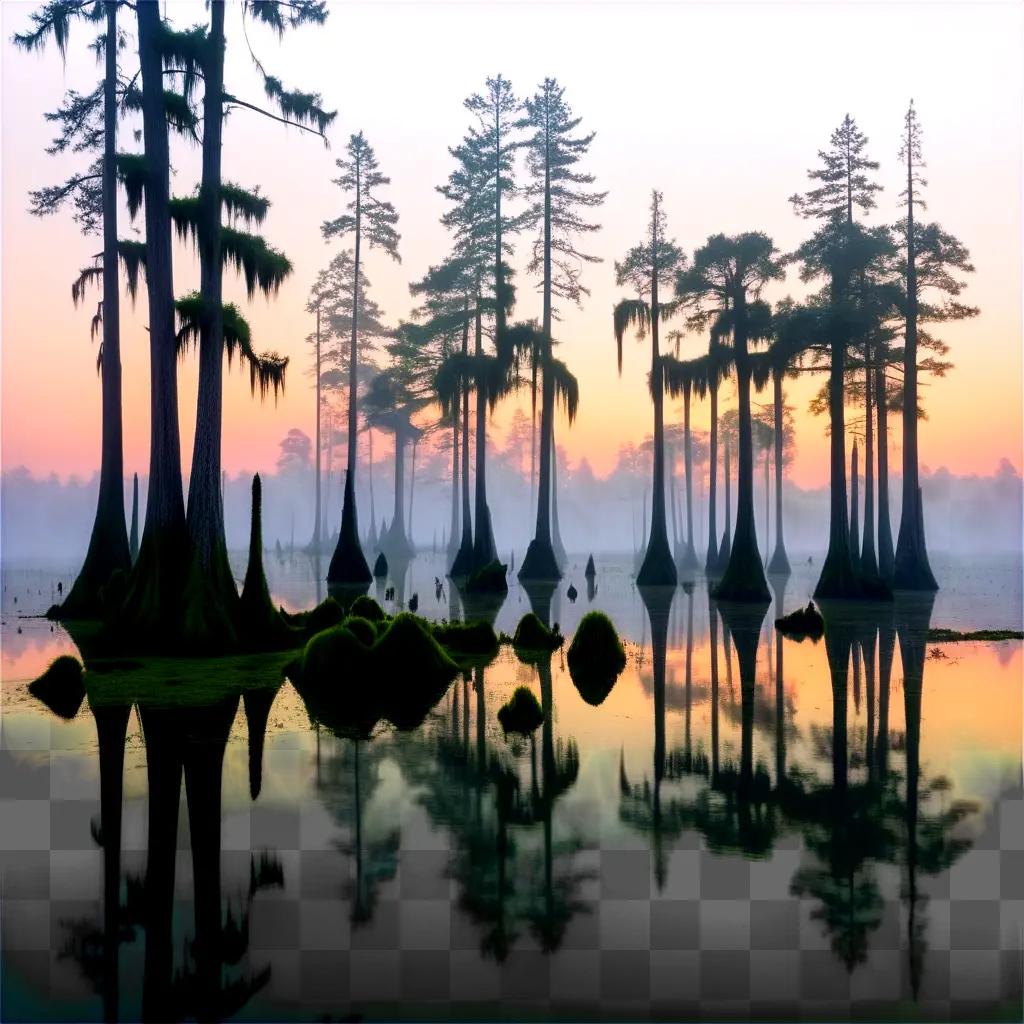 swamp scene with trees and fog