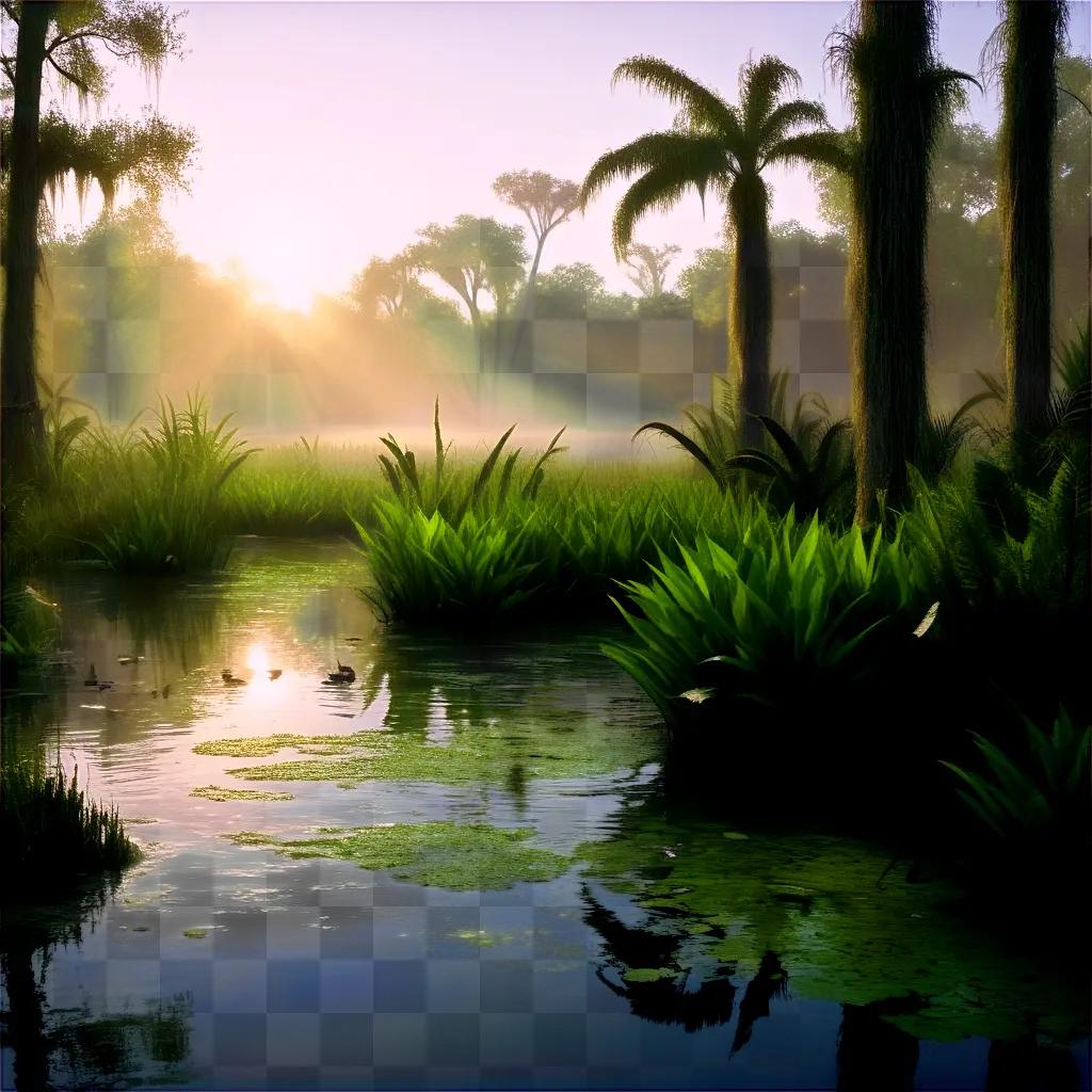 swamp with tall trees and a pond with ducklings