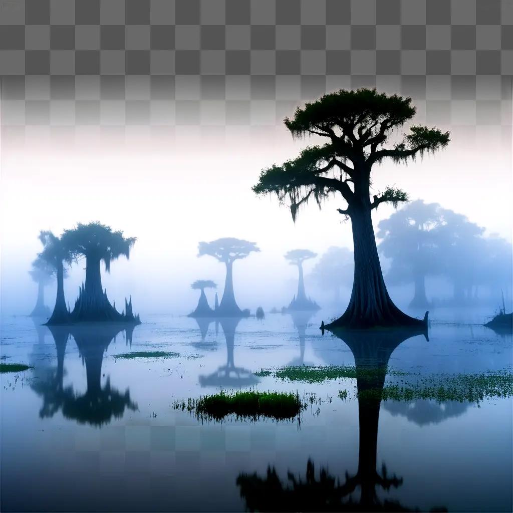 swamp with tall trees and foggy sky