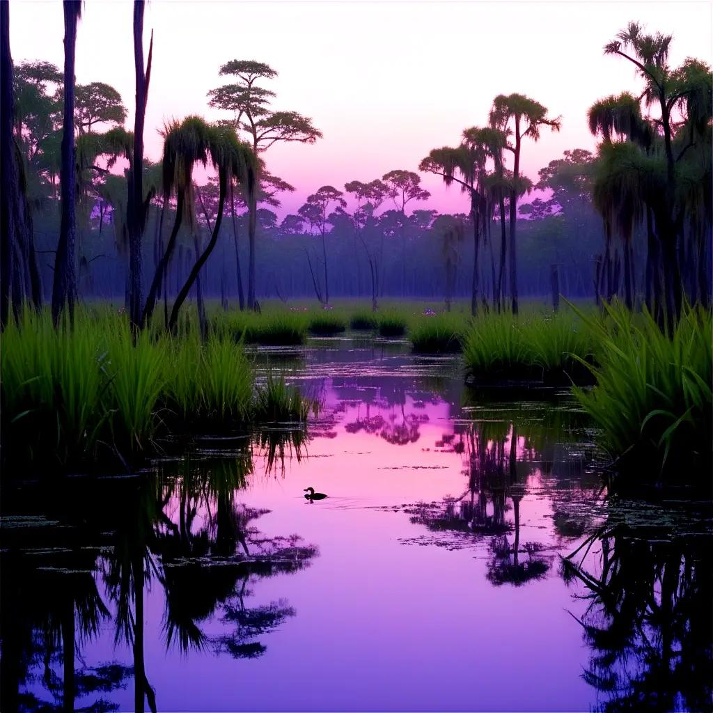 swampy forest at sunset with reflections