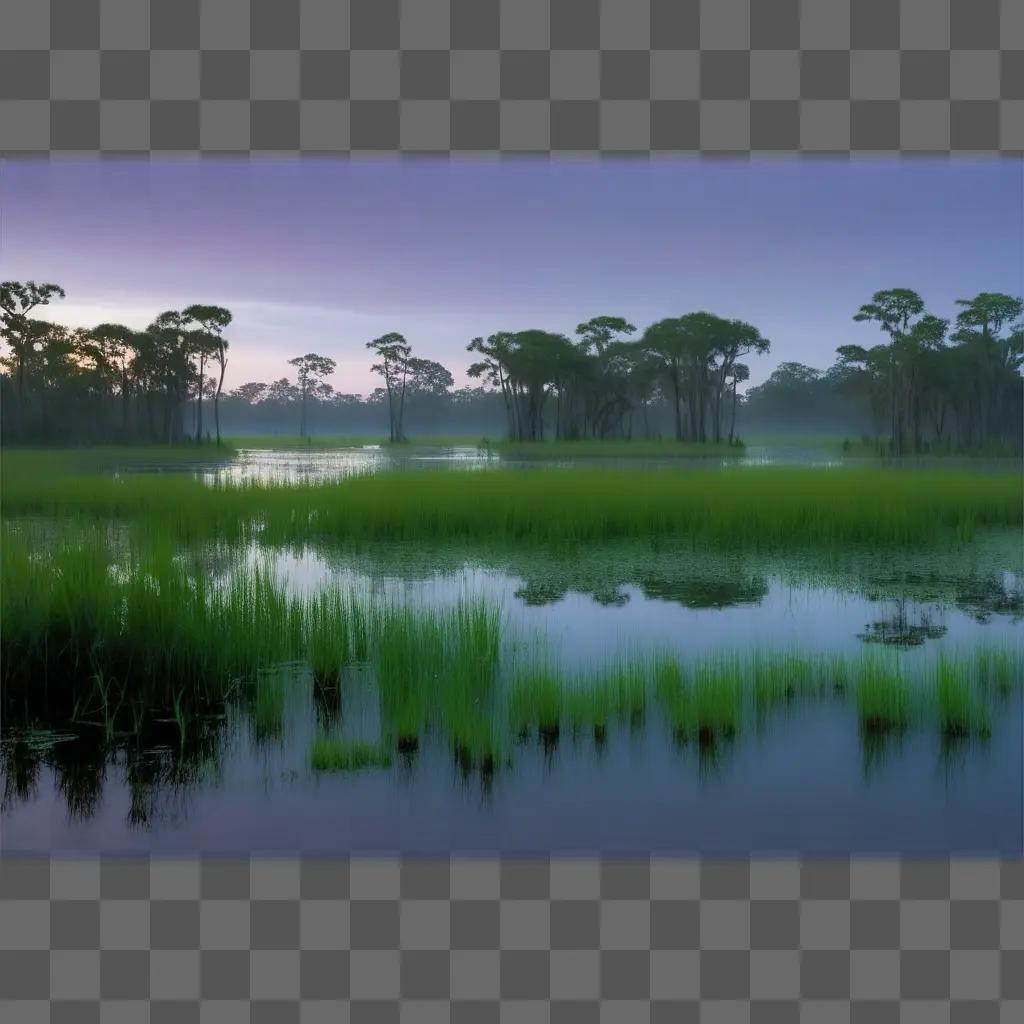 swampy landscape at dawn with trees and water