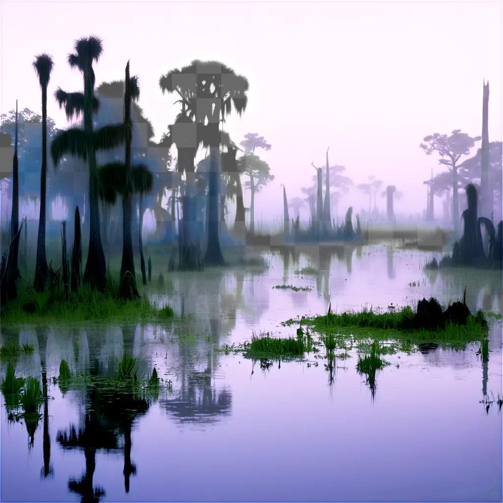 swampy landscape with trees and a lake