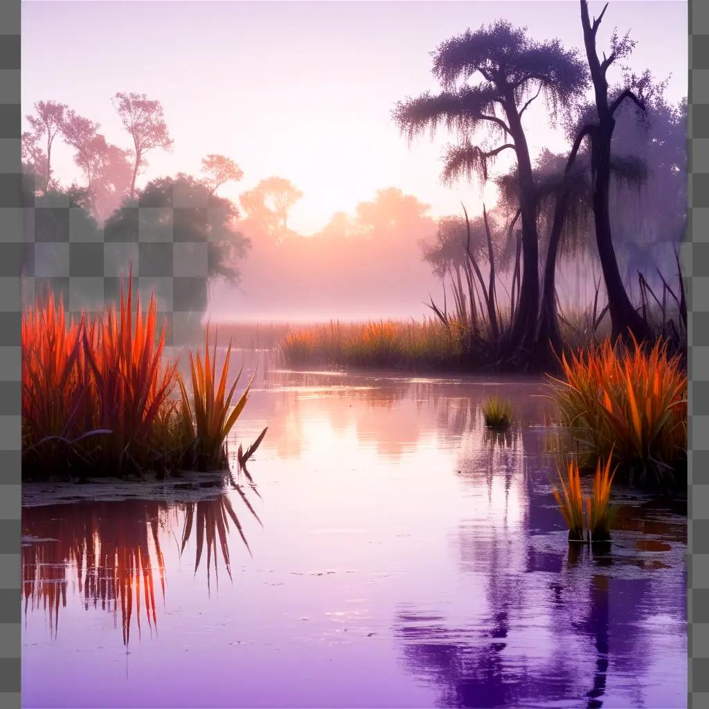 swampy scene with vibrant foliage and a serene body of water