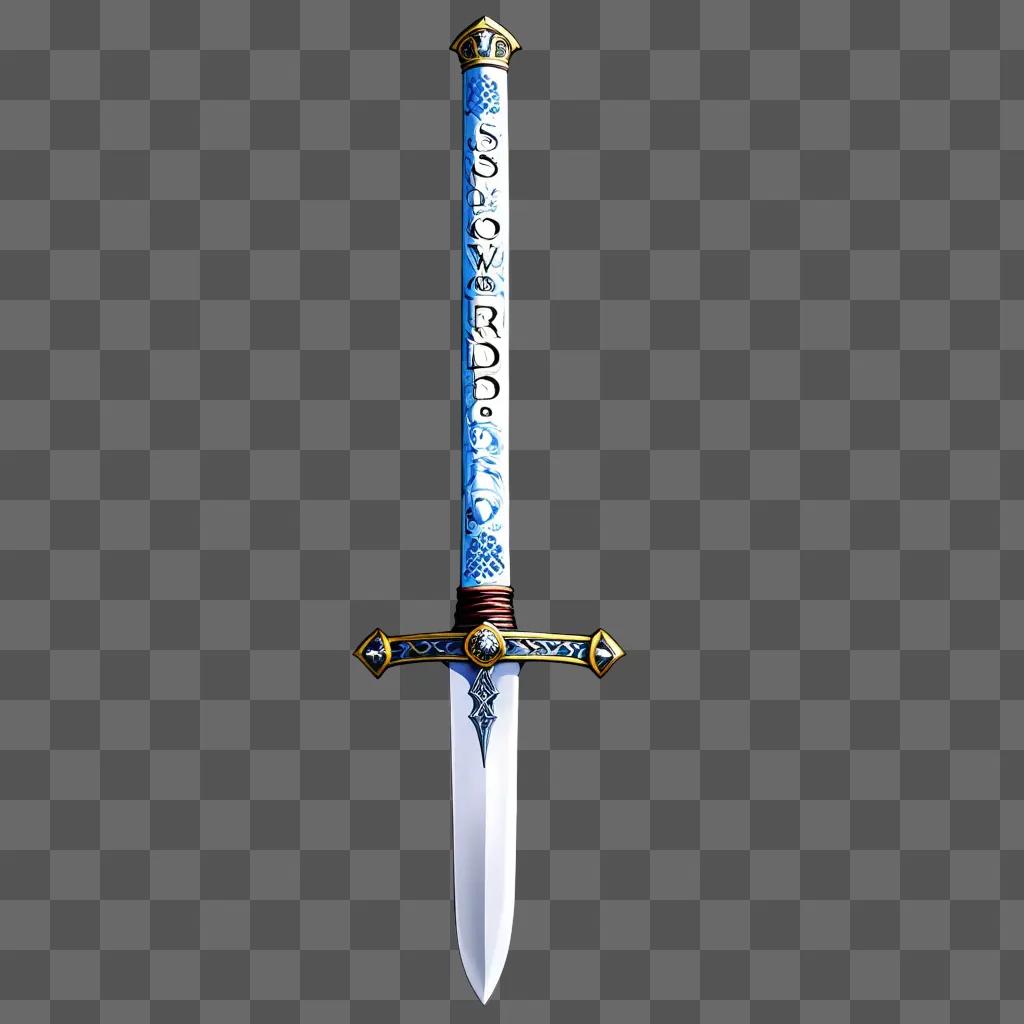 sword with blue and white design against a gray background