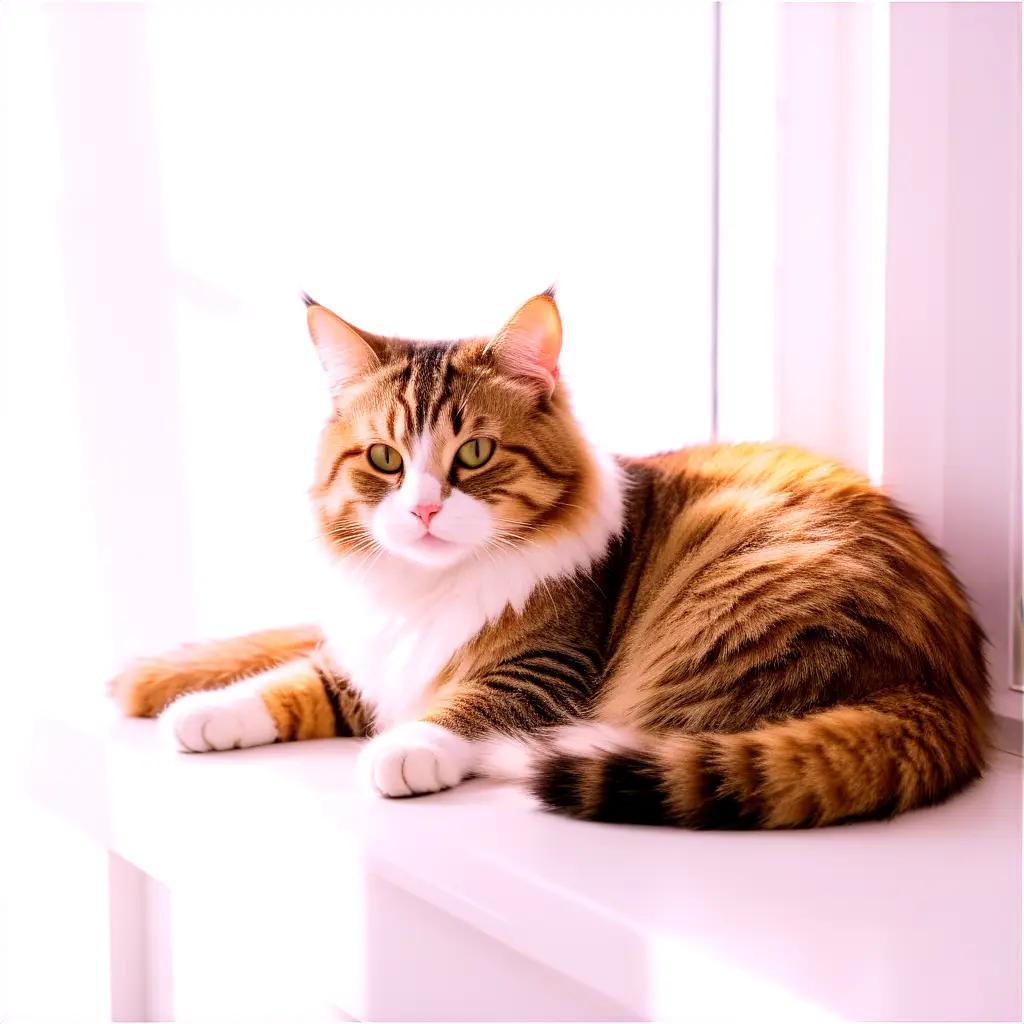 tabby cat lounges on a white surface