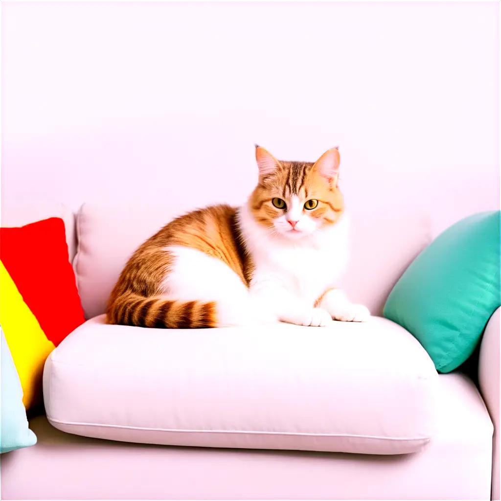 tabby cat sits on a pillow on a sofa