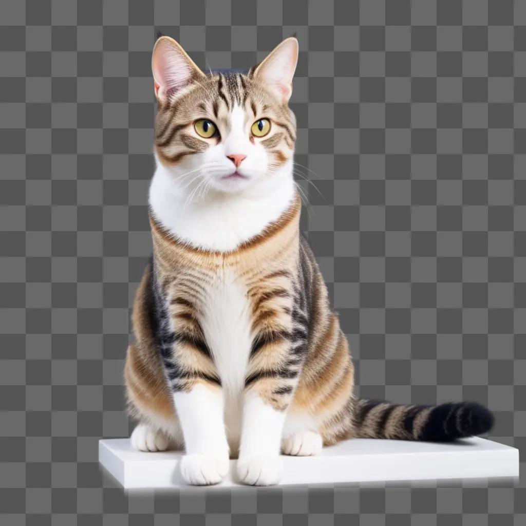 tabby cat sits on a shelf