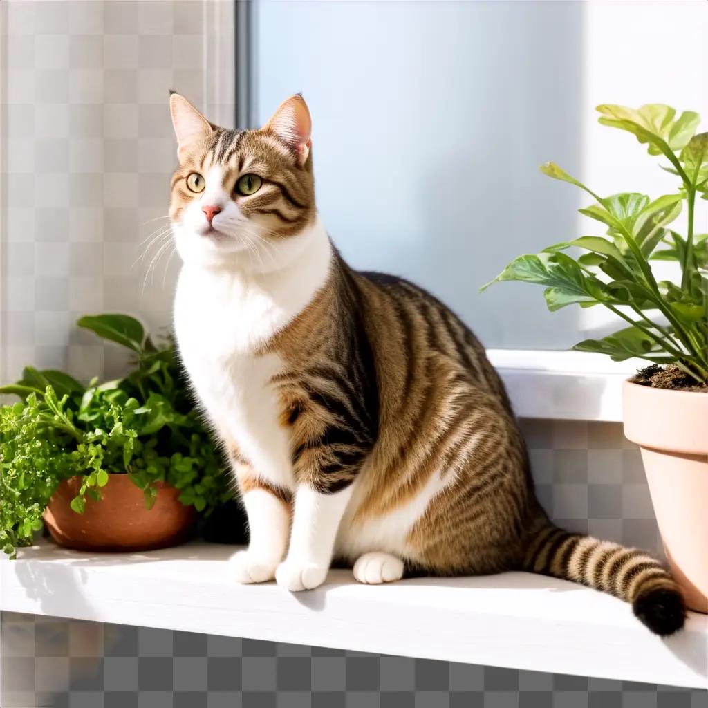 tabby cat sits on a window sill with green plants