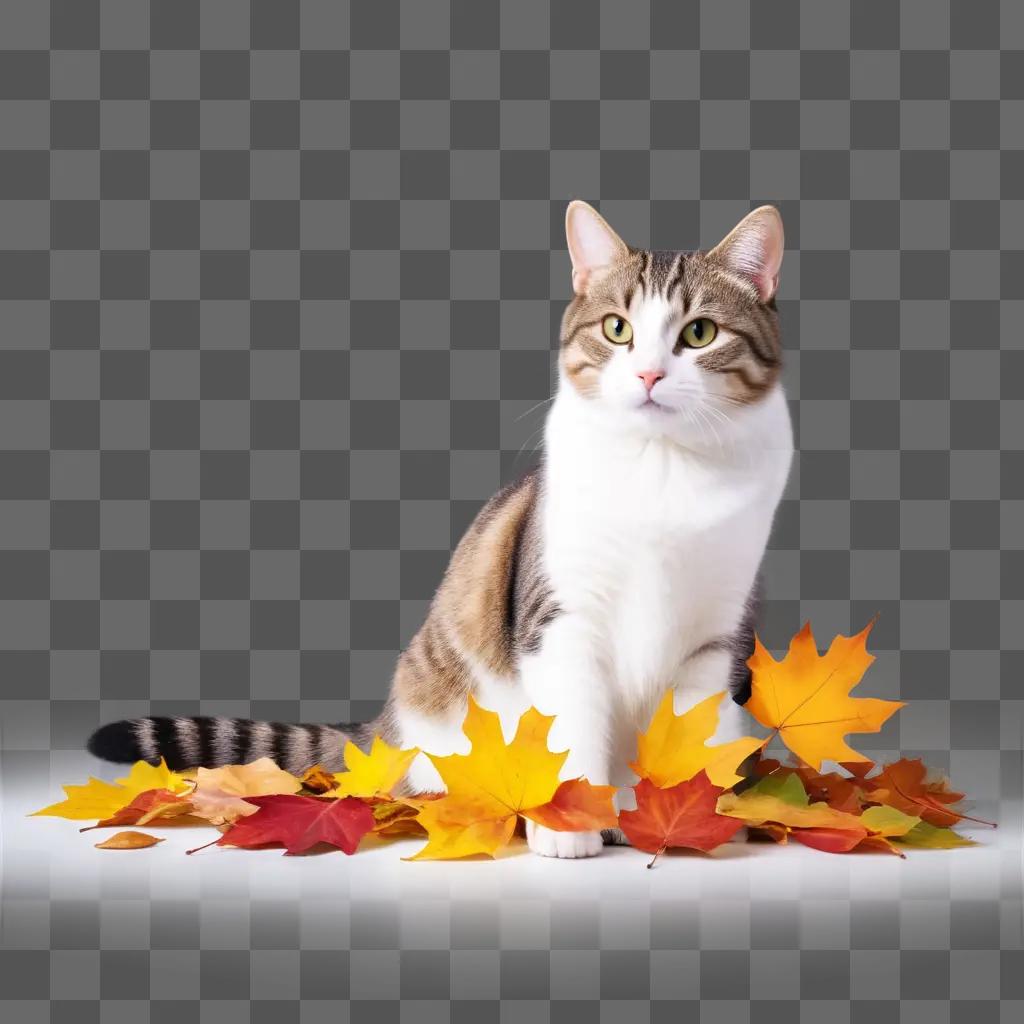 tabby cat with autumn leaves under its feet