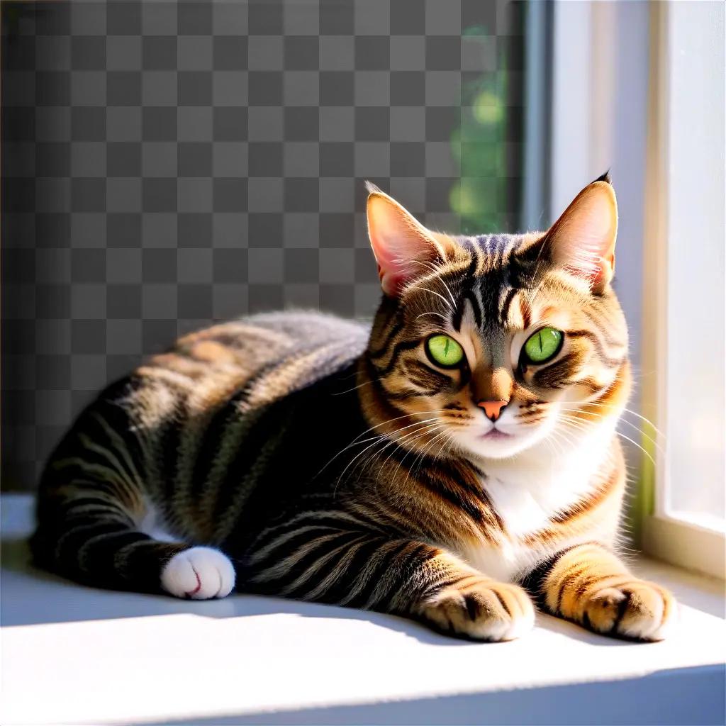 tabby cat with green eyes sits on a window sill