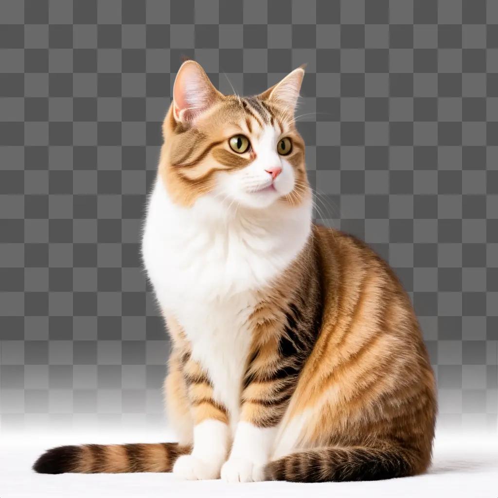 tabby cat with white and brown stripes sits on a beige surface