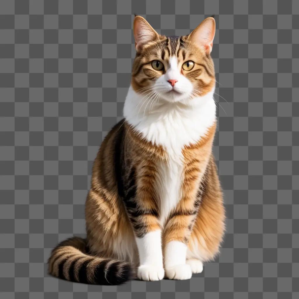 tabby cat with white markings sits on a brown background