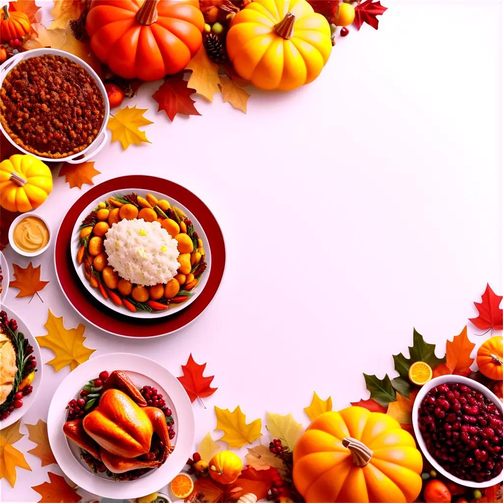 table filled with Thanksgiving food and a border of leaves