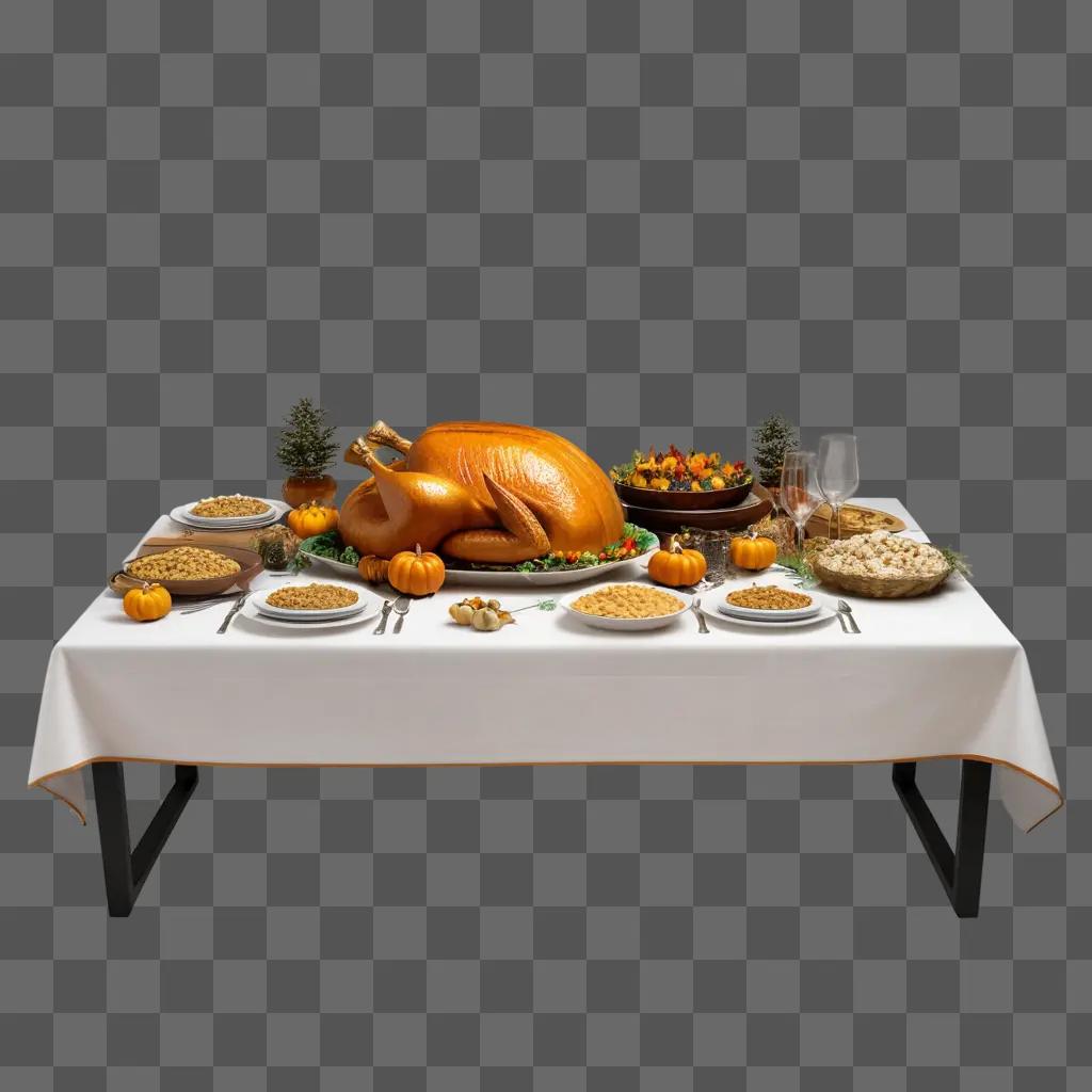 table full of Thanksgiving food is set on a tablecloth