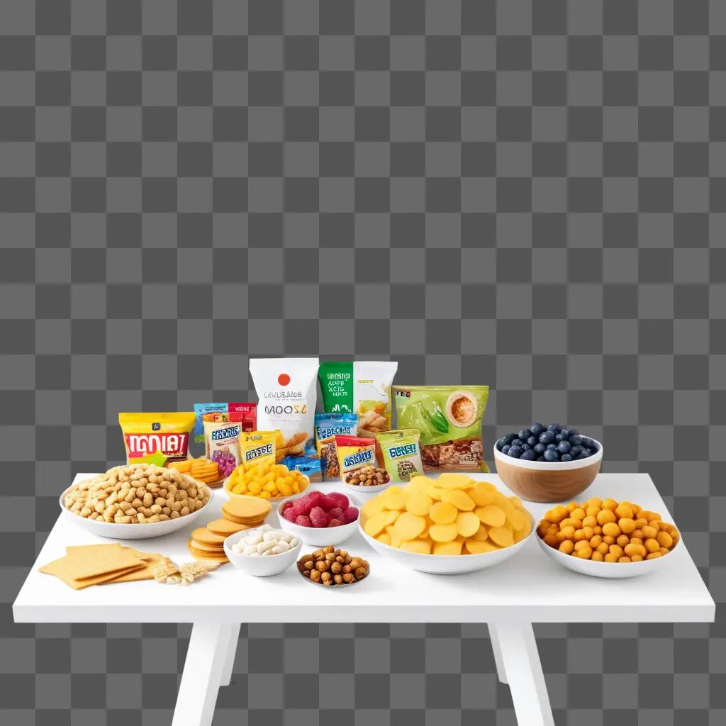 table full of snacks and beverages