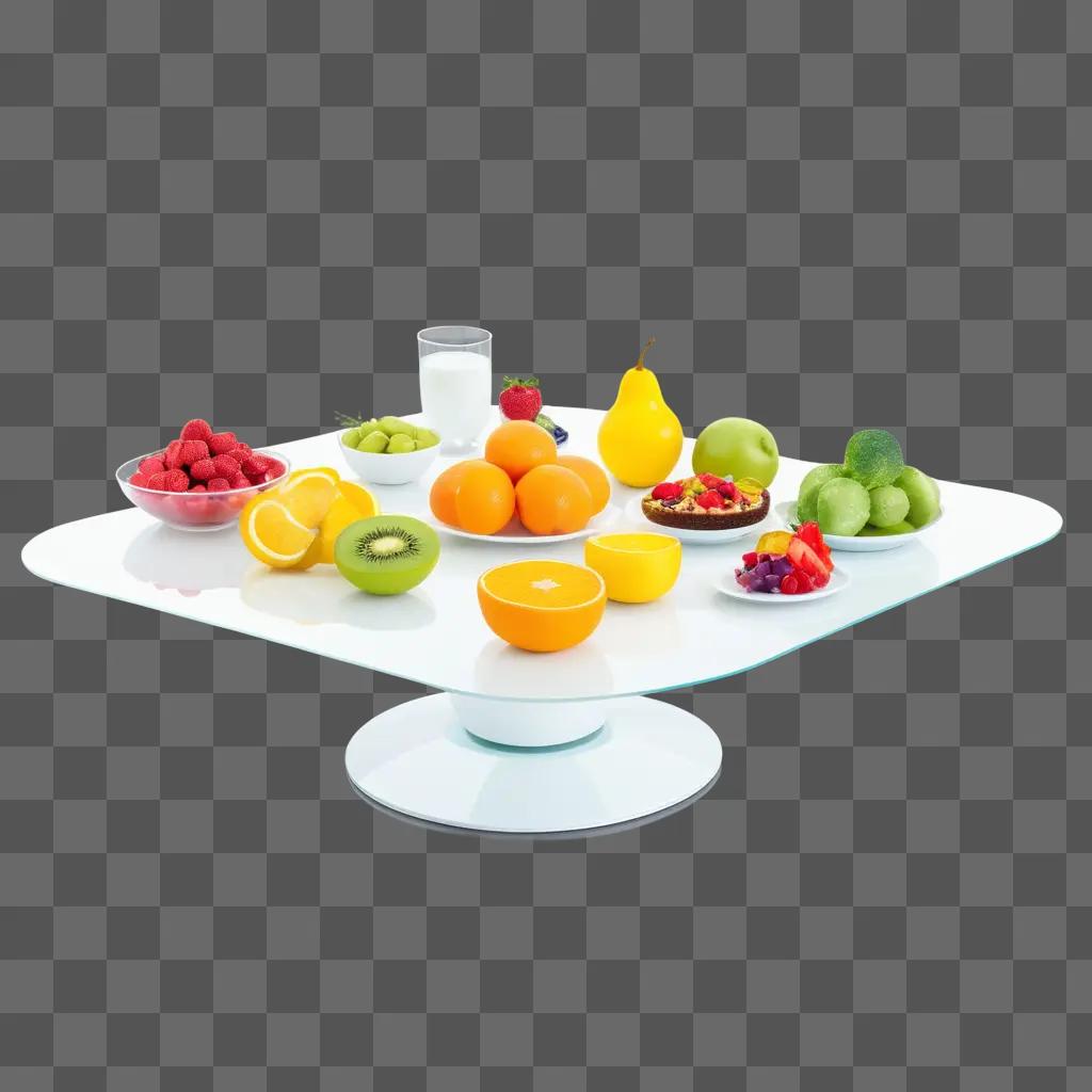 table with various fruits and a glass of milk