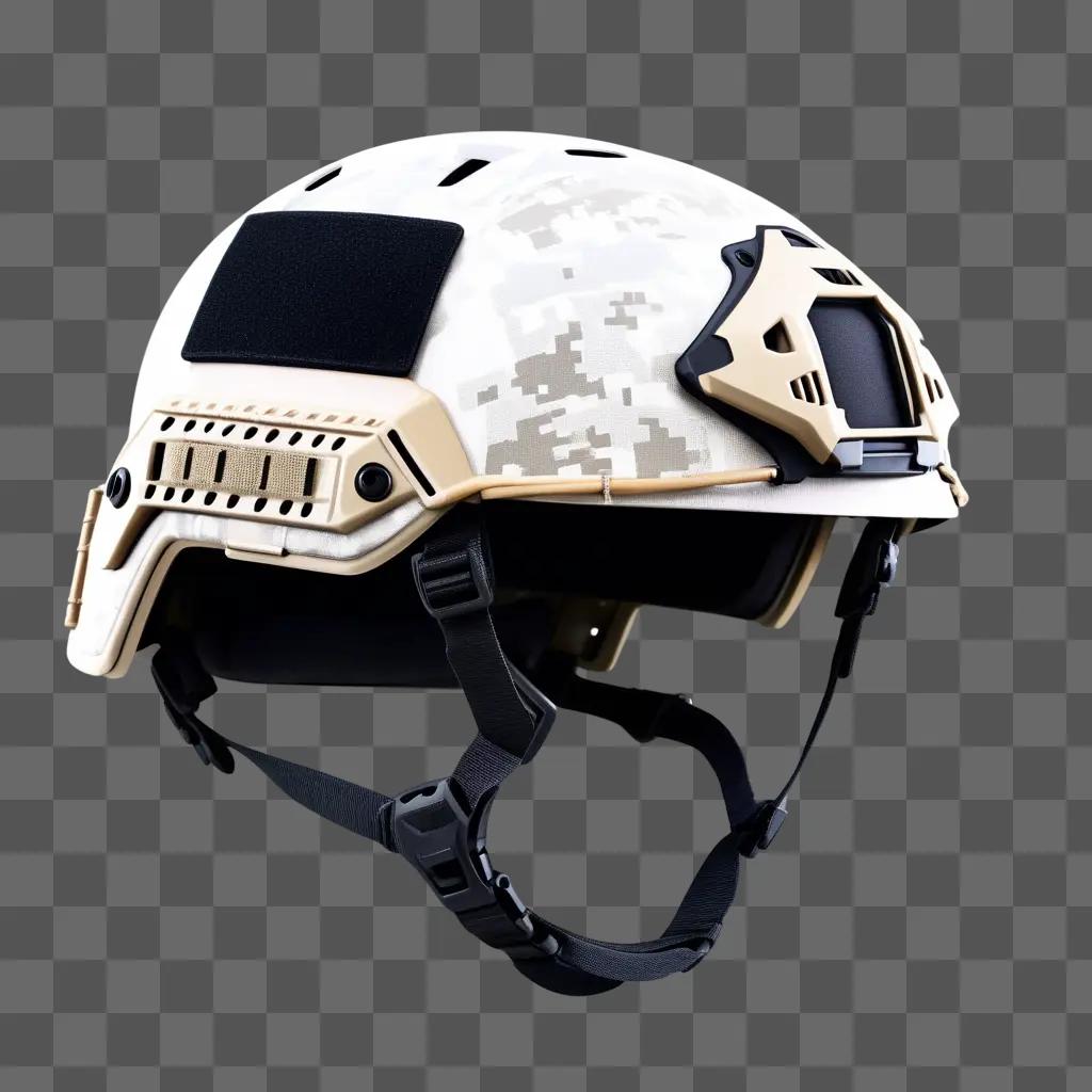 tactical helmet with camouflage pattern and black straps