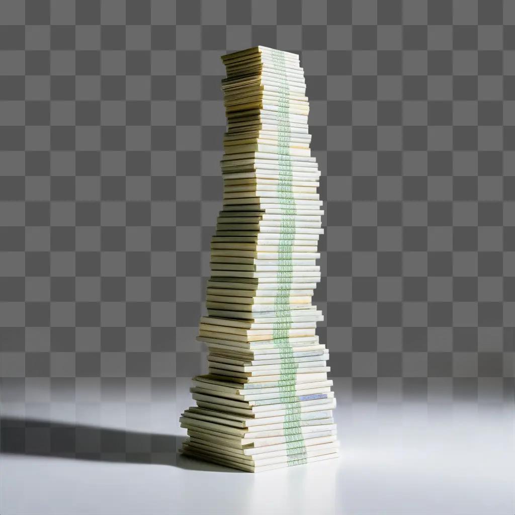 tall money stack stands against a white wall