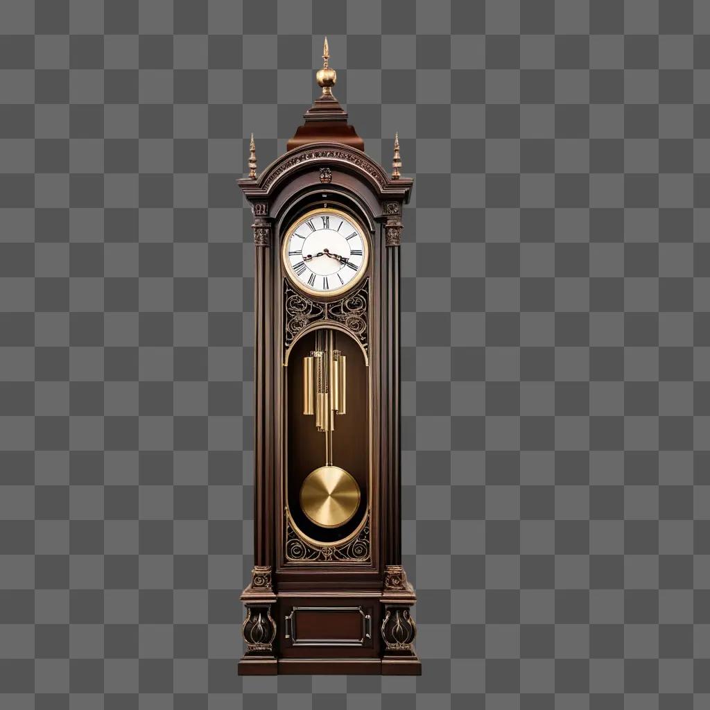 tall wooden clock with gold accents against a dark wall