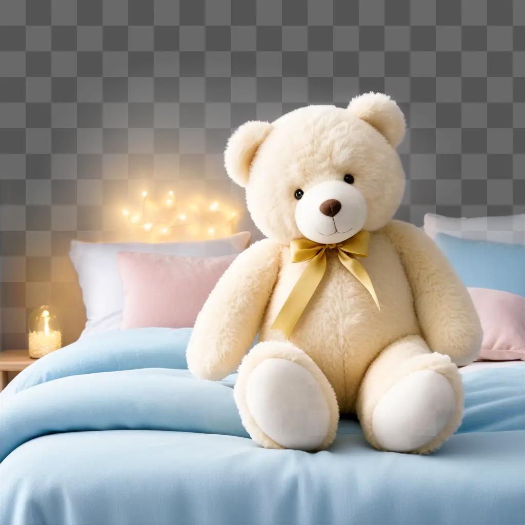 tan teddy bear sits on a bed