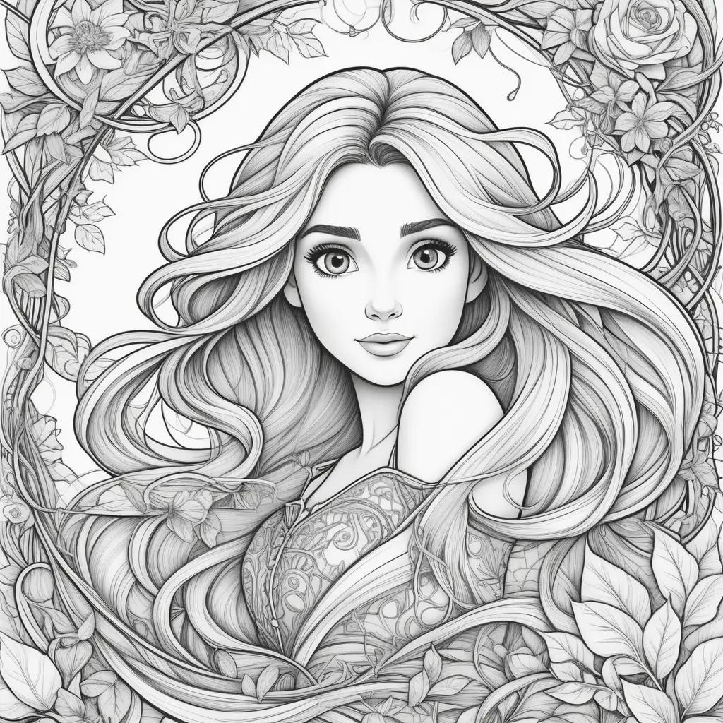 tangled coloring page featuring a girl and flowers