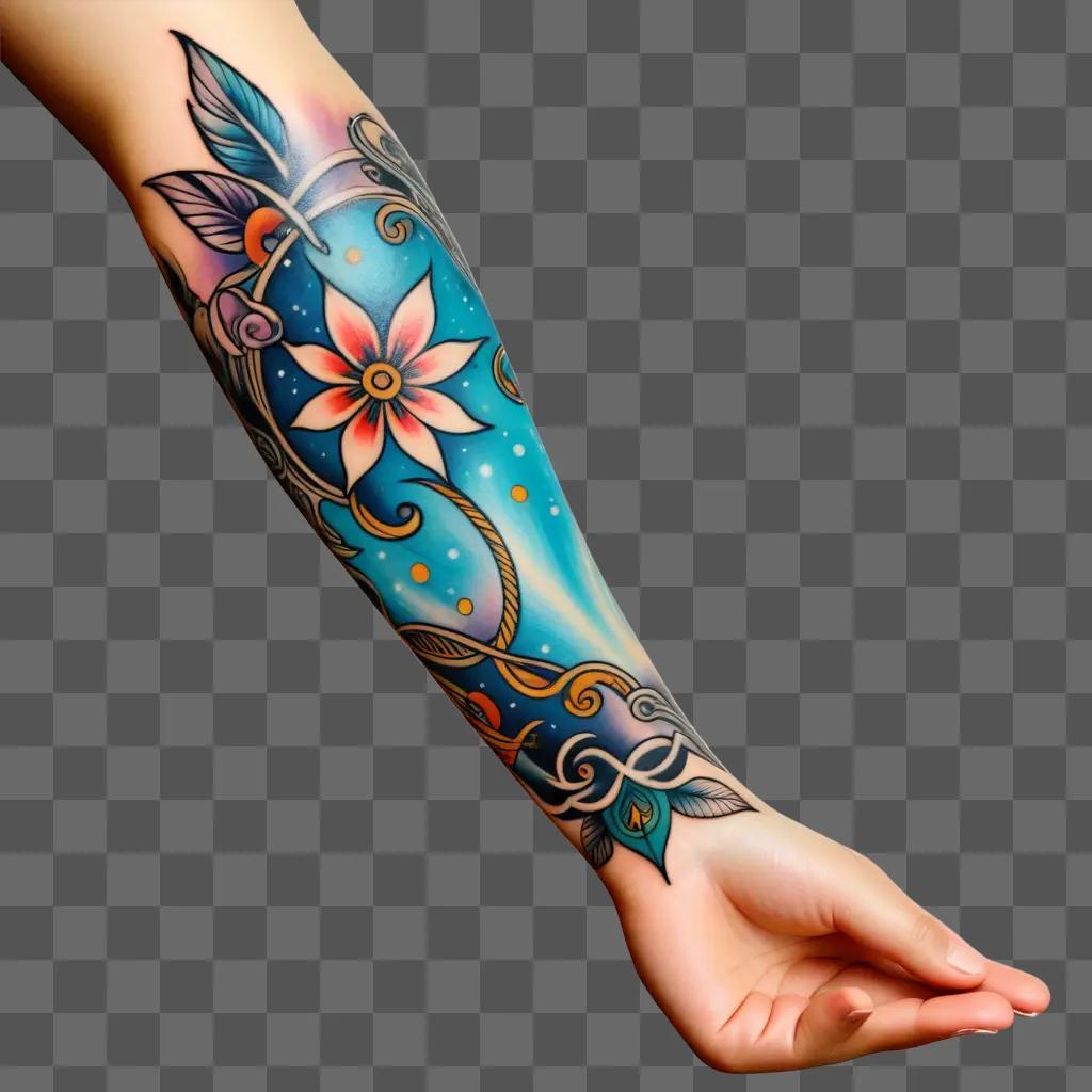 tattooed arm with a flower and leaves