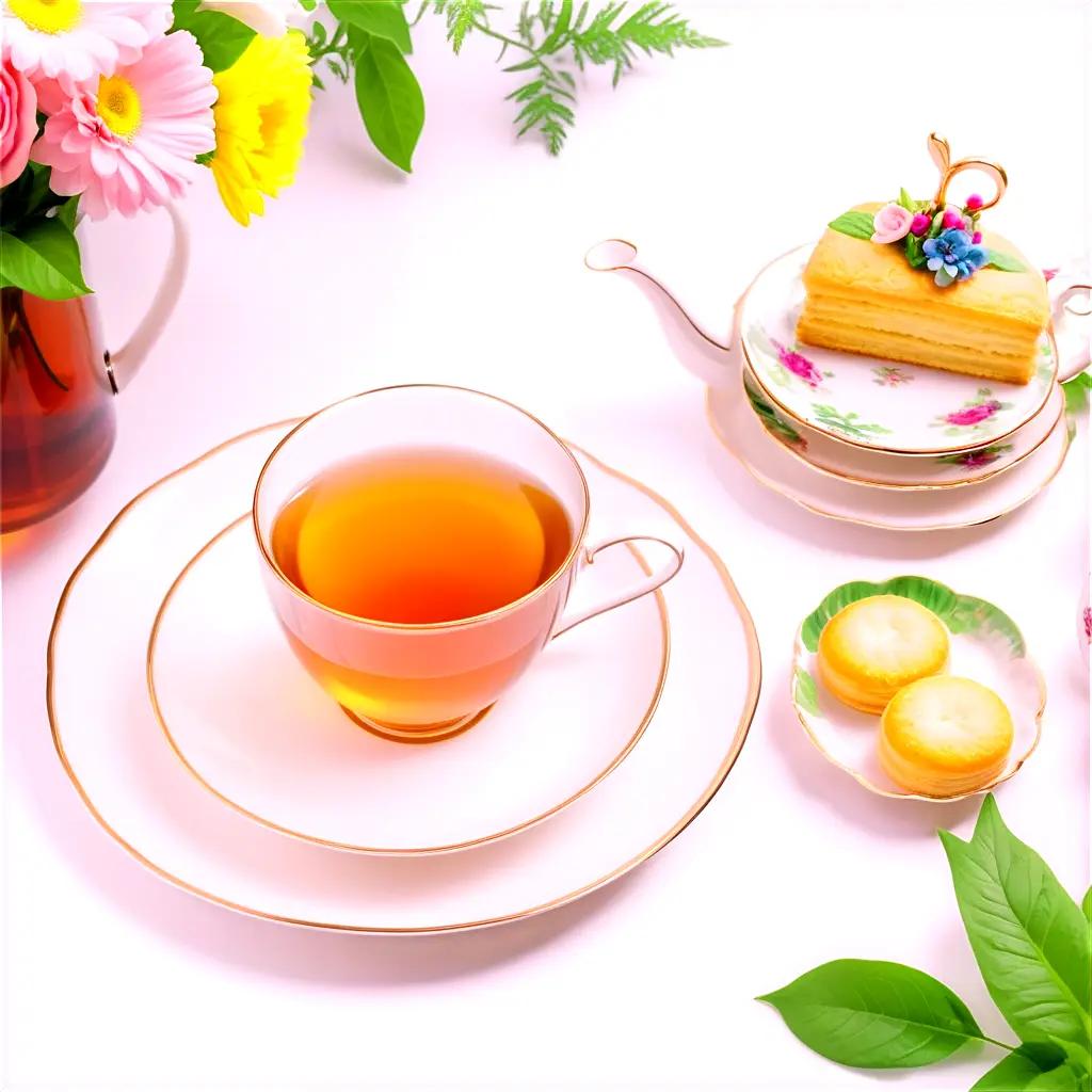 tea party with pastries and tea on a white table