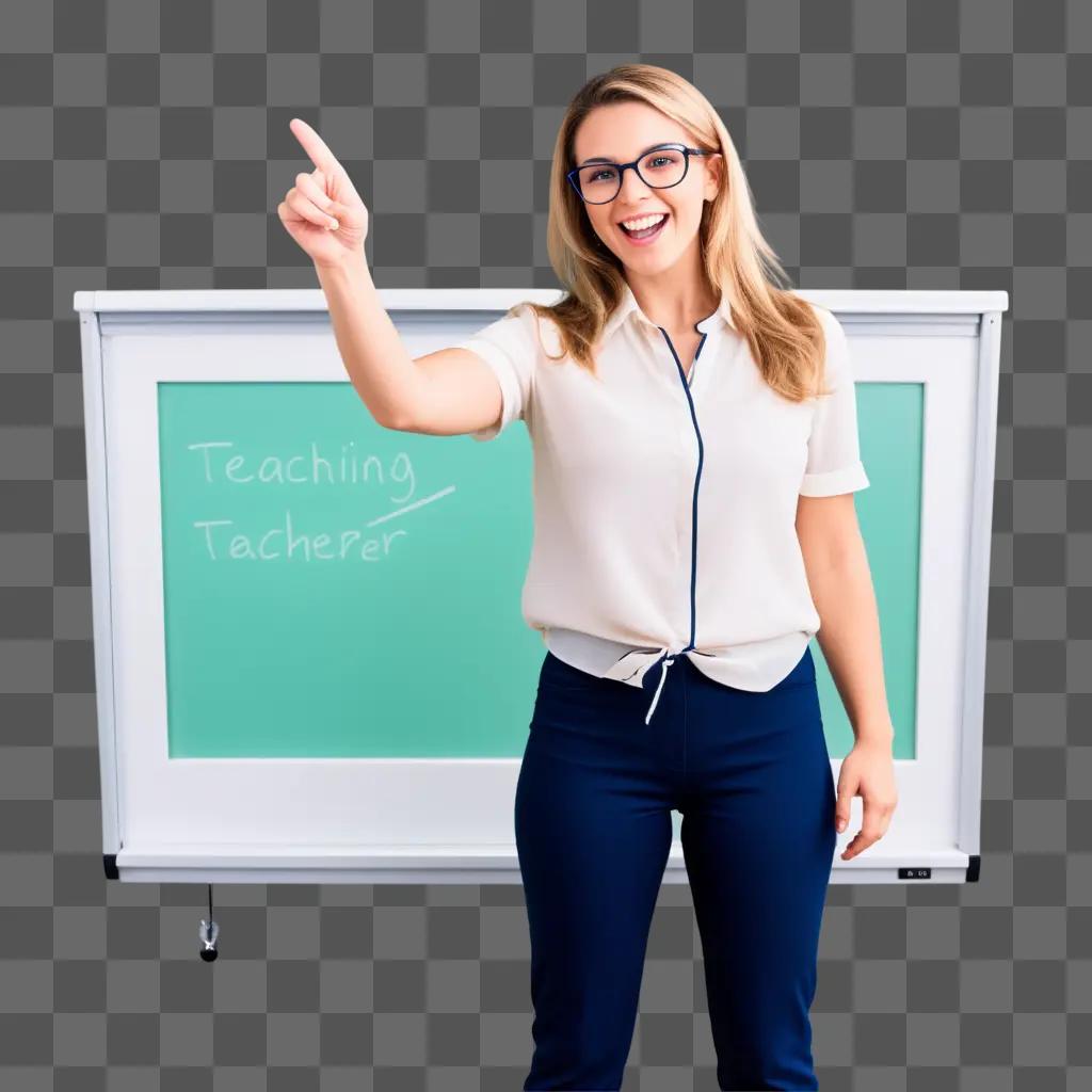 teacher points to her chalkboard