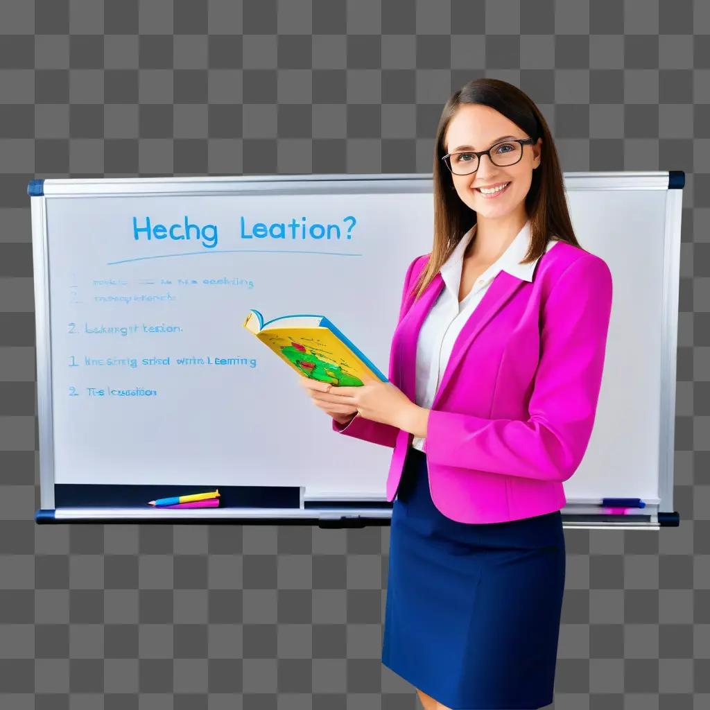 teacher reads a book while wearing a pink blazer