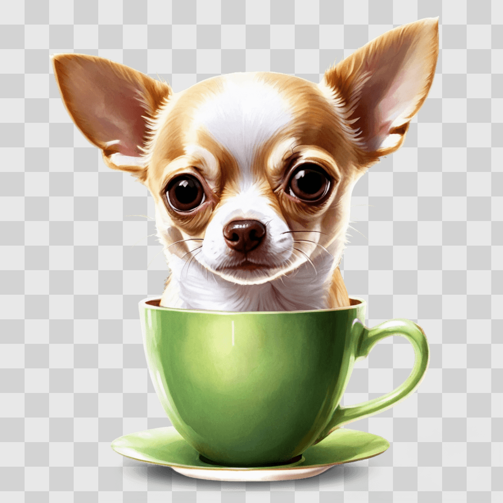 teacup apple head chihuahua A brown and white dog in a green tea cup