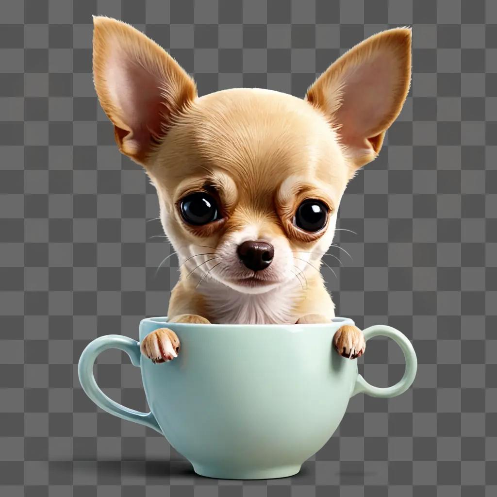 teacup apple head chihuahua A small dog sits in a cup on a beige background