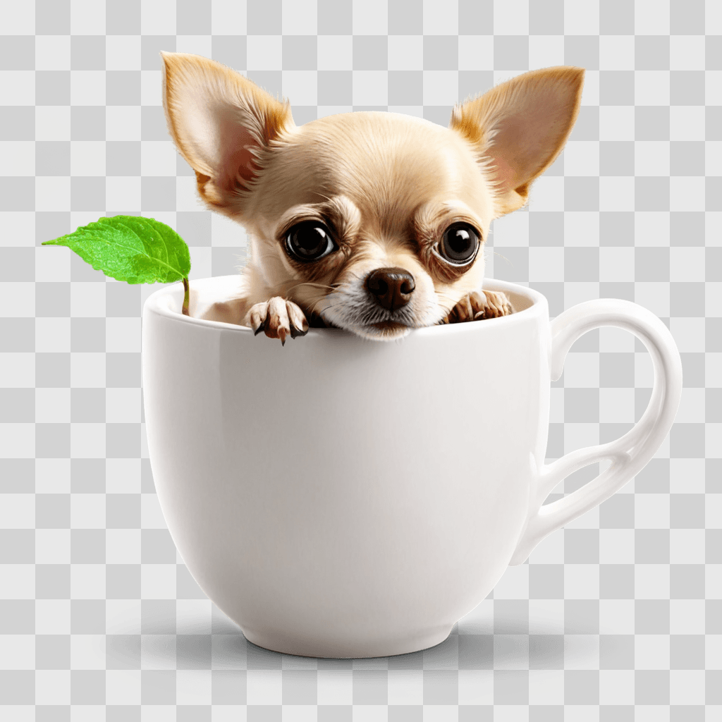 teacup apple head chihuahua A small dog sits in a cup with a green leaf