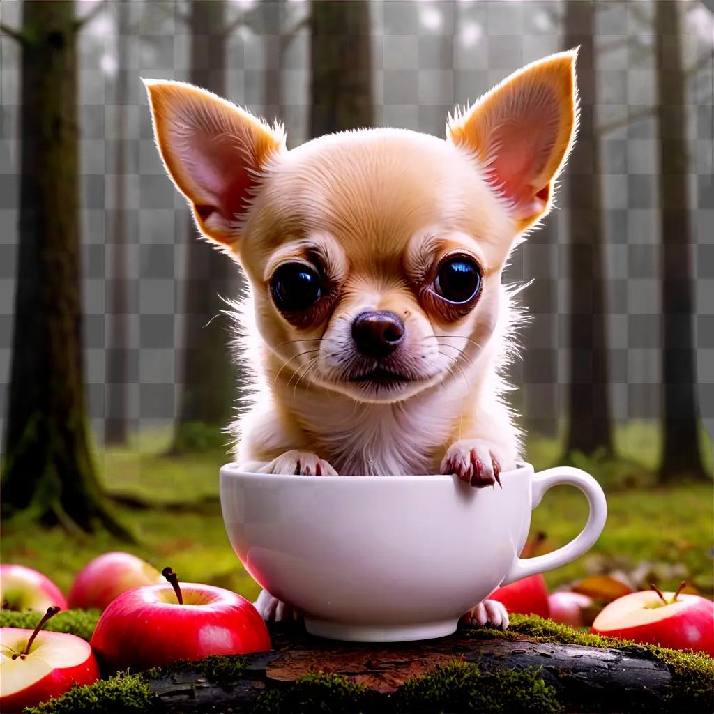 teacup apple head chihuahua A small dog sits in a cup with apples in the background