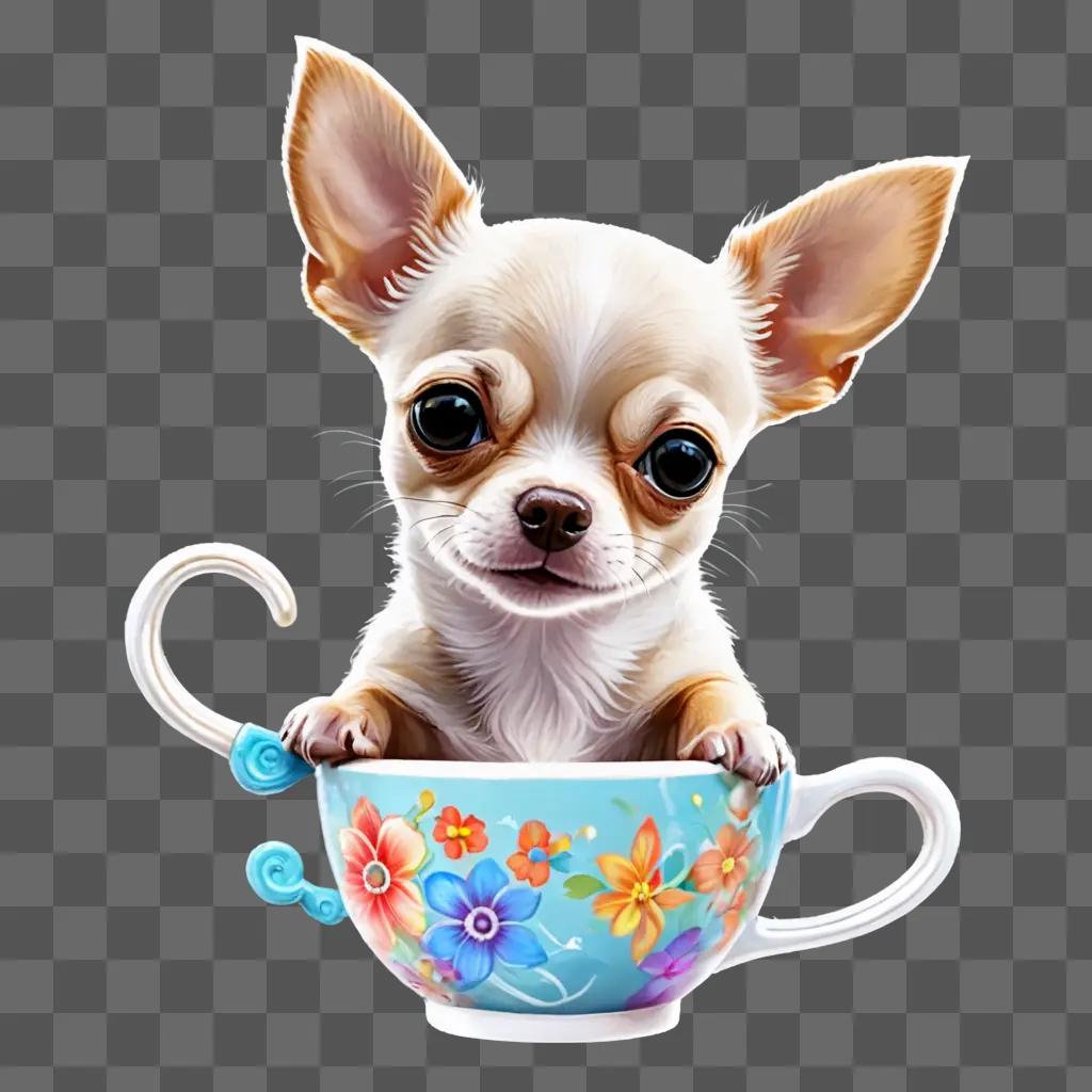 teacup apple head chihuahua A small dog sits in a cup with flowers