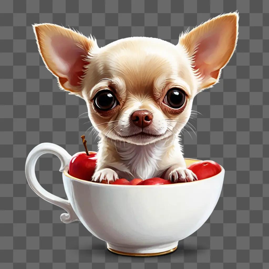 teacup apple head chihuahua A small dog sitting in a white cup with red fruits