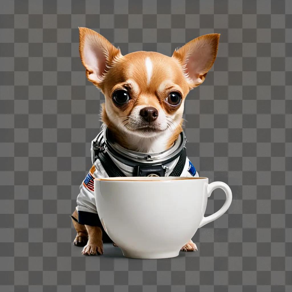 teacup apple head chihuahua Dog in space suit with cup of coffee