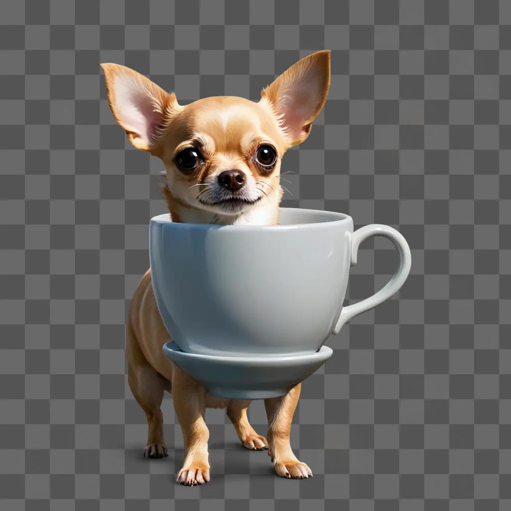 teacup apple head chihuahua Small dog holding white cup with saucer