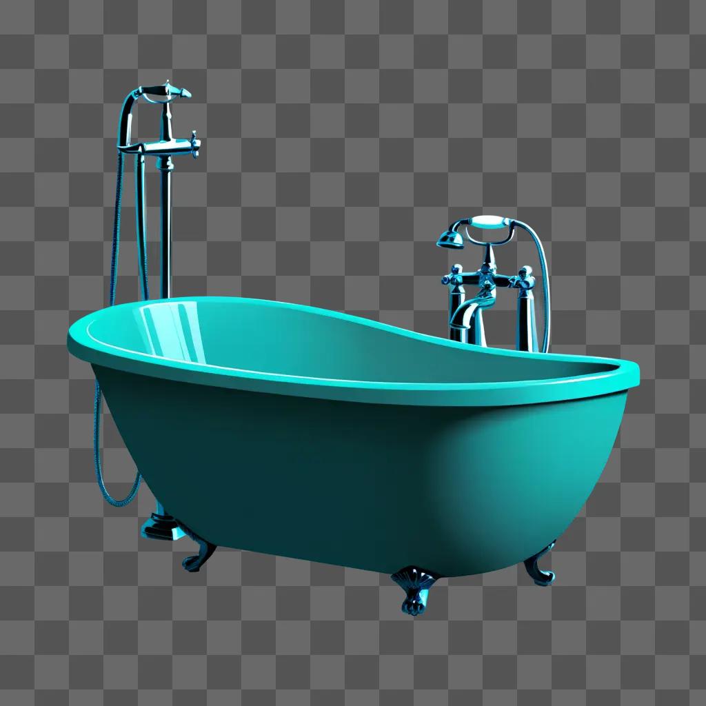 teal bathtub sits against a blue wall