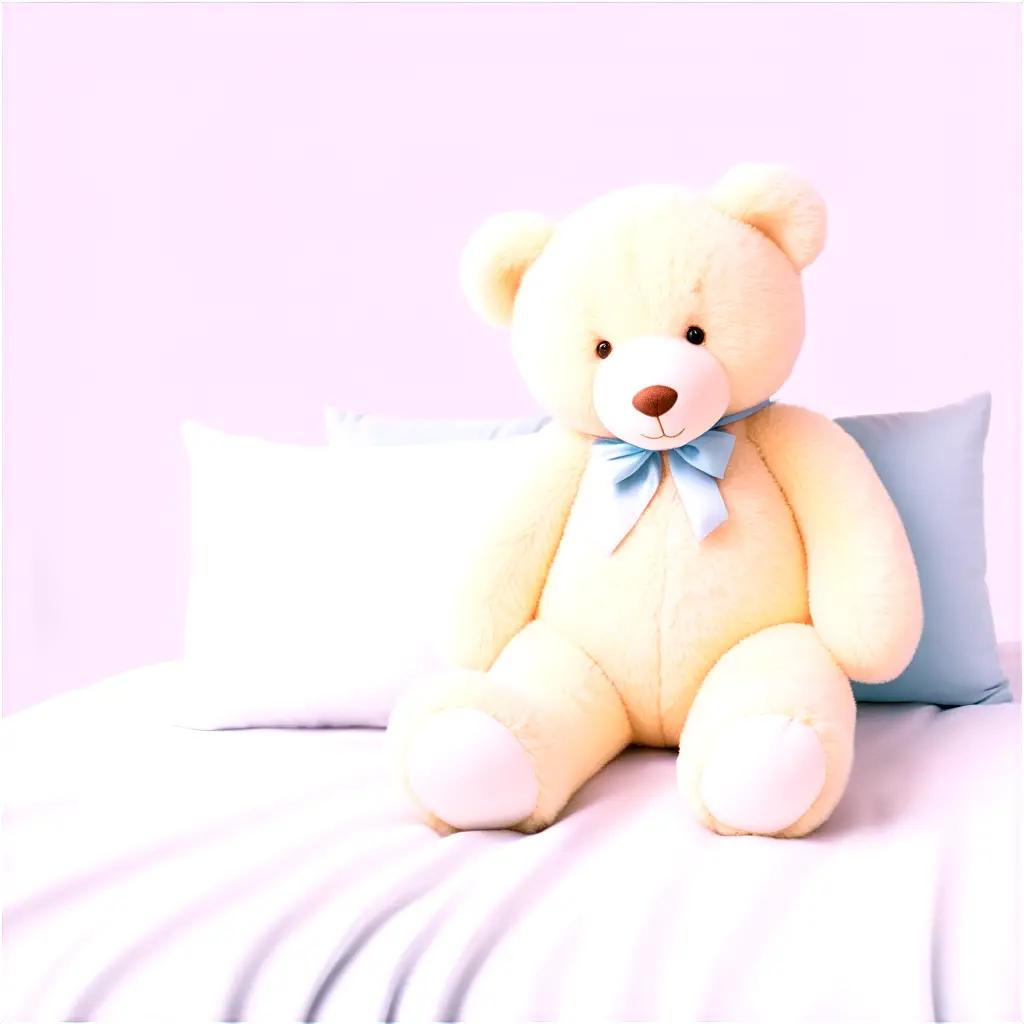 teddy bear sits on a bed with a blue bow