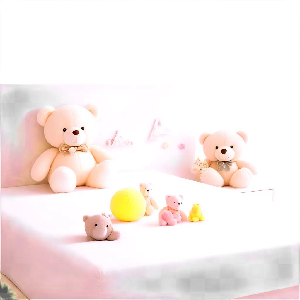 teddy bear sits on a bed with other stuffed animals